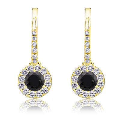 Black Diamond Halo 1ct. Drop Earrings in 14k Yellow Gold