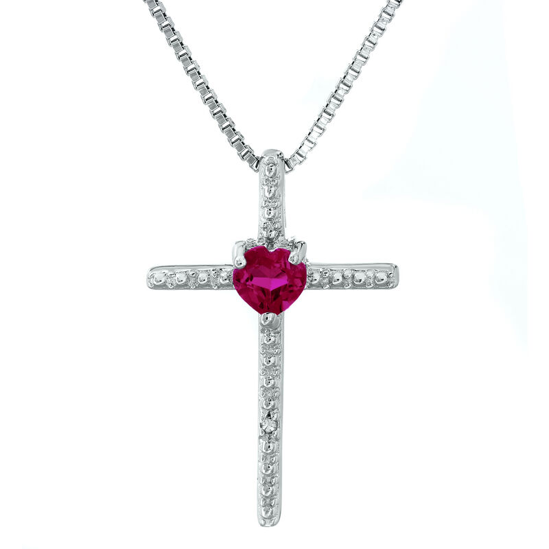 Created Ruby Heart Cross Pendant in Sterling Silver image number null