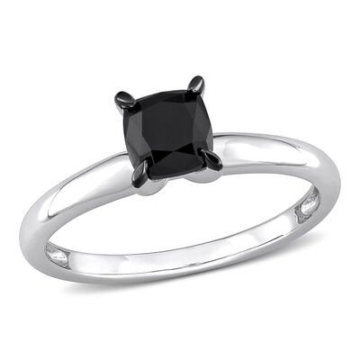 Cushion-Cut 1ctw. Black Diamond Solitaire Engagement Ring in 14k White Gold