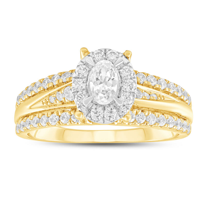 Oval Natural Diamond 3/4ctw. Three Row Engagement Ring in 14k Yellow Gold image number null