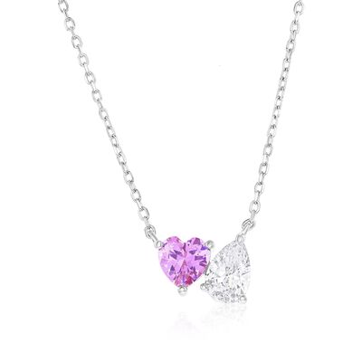 Pink Heart White Pear-Shaped Cubic Zirconia You & Me Necklace in Sterling Silver