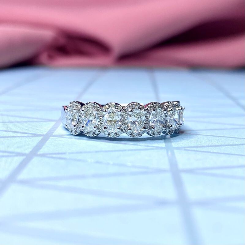 Oval & Brilliant-Cut 1ctw. Diamond Halo Anniversary Band in 14K White Gold image number null