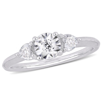 Three Stone 1/10ctw Engagement Ring in Sterling Silver 