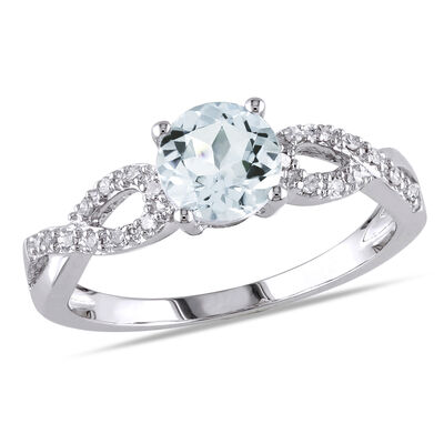 Round Aquamarine & Diamond Loop Shank Engagement Ring in 10k White Gold