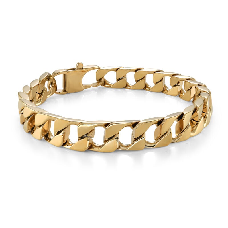 Men's 8.5" 9.4mm Flat Curb Link Bracelet in Gold IP Stainless Steel image number null