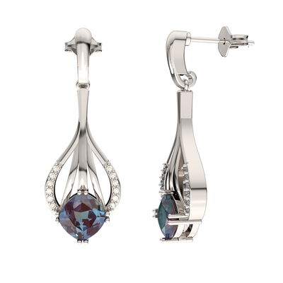 Cushion-Cut Created Alexandrite & Diamond Drop Earrings in Sterling Silver