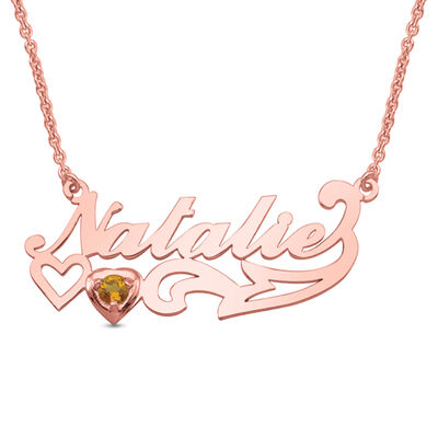 Nameplate Necklace with Birthstone Charm in 14k Rose Gold