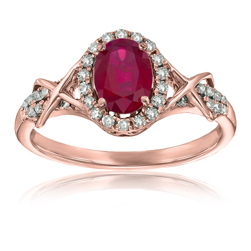 Ruby & Diamond Halo Ring in 10k Rose Gold image number null