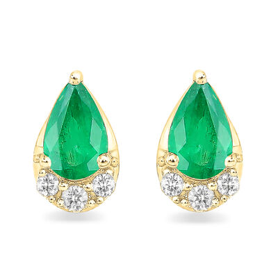 Pear-Shaped Emerald & Diamond Drop Earrings in 10k Yellow Gold