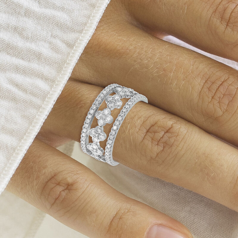 Round Natural Diamond 3/4ctw. Open Clover Multi Row Ring in 14k White Gold image number null