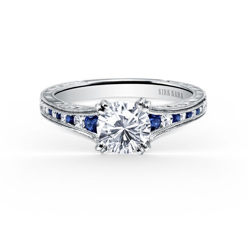 Hand Engraved Intricate Blue Sapphire & Diamond Engagement Semi-Mount in 18k White Gold K1140BDC-R image number null