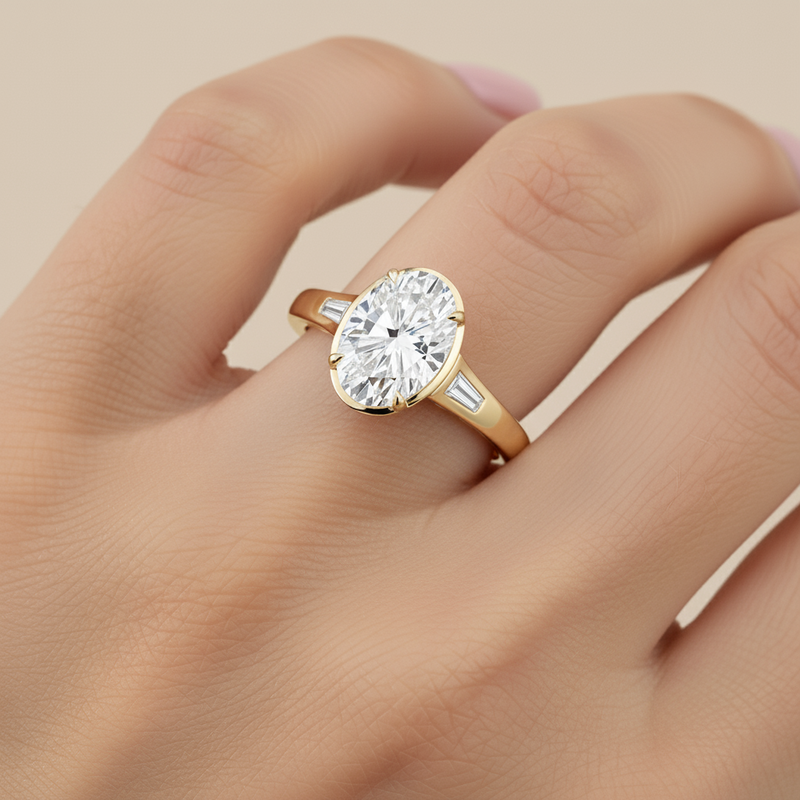 Oval Lab Grown Diamond 2 1/5ctw. Bezel Baguette Engagement Ring in 14k Yellow Gold image number null