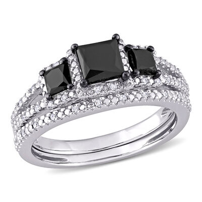  Black Diamond 3-Stone Bridal Set in 10k White Gold