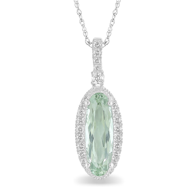 Elongated Oval Green Amethyst & Diamond Pendant in 10k White Gold image number null