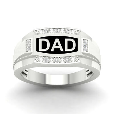 Gents Black Enamel & Diamond Dad Ring in 10k White Gold