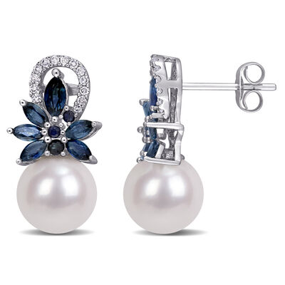 Diamond, Sapphire & Freshwater Pearl Flower Drop Earrings in 14k White Gold