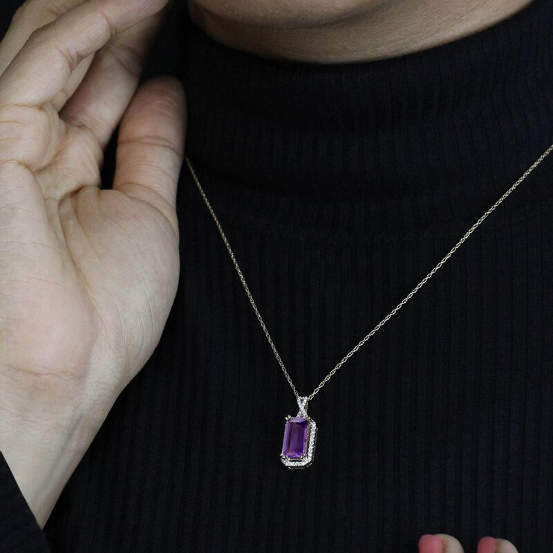 Emerald-Cut Amethyst & Diamond Pendant in 10k Yellow Gold image number null