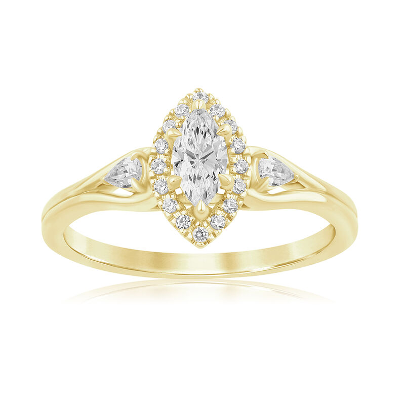 Marquise Lab Grown Diamond Halo Three Stone Engagement Ring in 14k Yellow Gold image number null