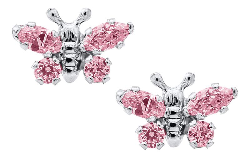 Butterfly Pink Crystal Baby Earrings in Sterling Silver image number null
