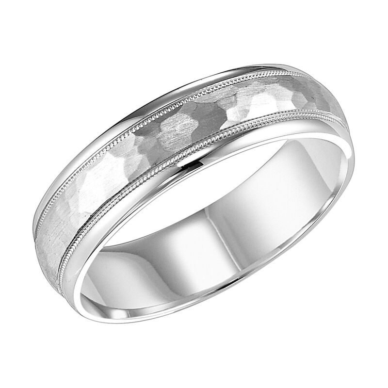 Men's Brushed Hammered Finish Wedding Band in White Gold image number null