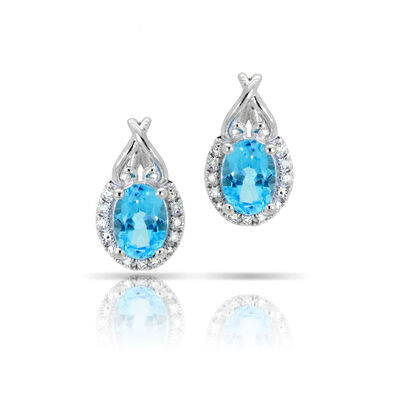 Blue Topaz & Diamond Oval Earrings in 10k White Gold
