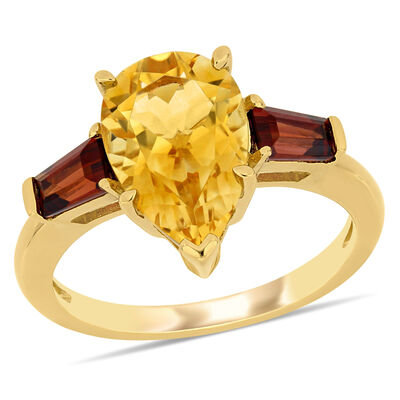 Citrine and Garnet Pear Shaped Ring in 14k Yellow Gold