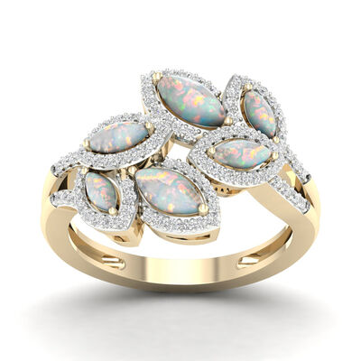 Marquise 6-Stone Ehtiopian Opal & Diamond Leaf Ring in 10k Yellow Gold