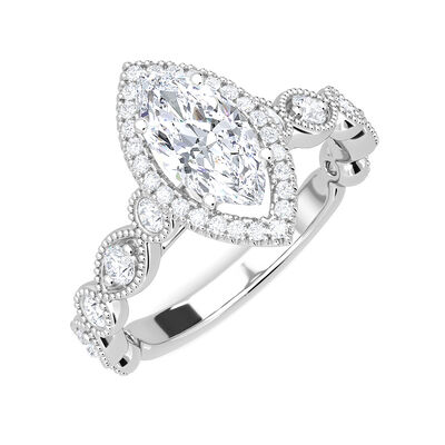 Marquise-Cut Lab Grown 1.50ctw. Diamond Milgrain Halo Engagement Ring in 14k White Gold