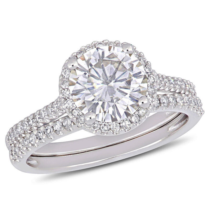Moissanite and Diamond Bridal Ring Set in 14k White Gold