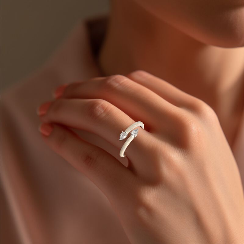 Pear-Shaped Lab Grown Diamond White Ceramic Wrap Around Ring in Sterling Silver image number null