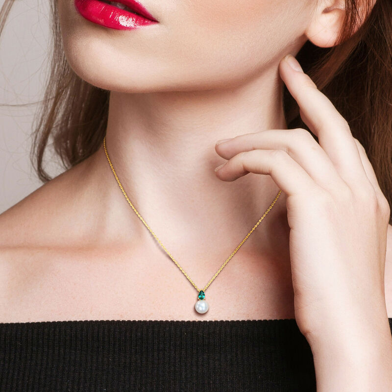 Created Emerald & Freshwater Cultured Pearl Necklace in Gold Plated image number null