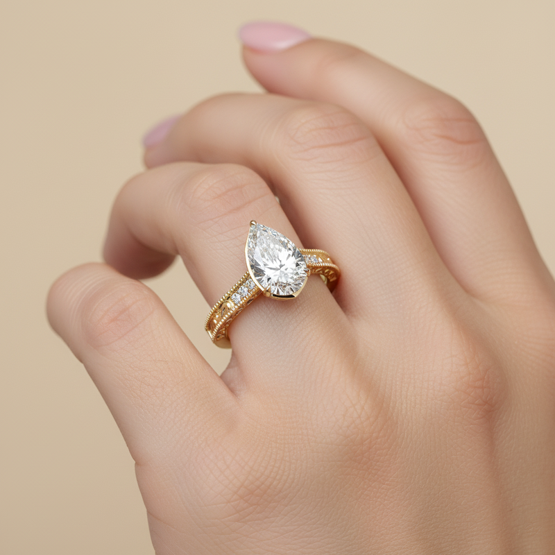 Pear Lab Grown Diamond 2 1/10ctw. Vintage Bezel Engagement Ring in 14k Yellow Gold image number null