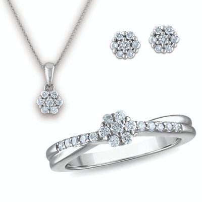 Lab Grown Diamond Flower Ring, Pendant, and Earring 3-Piece Set in Sterling Silver