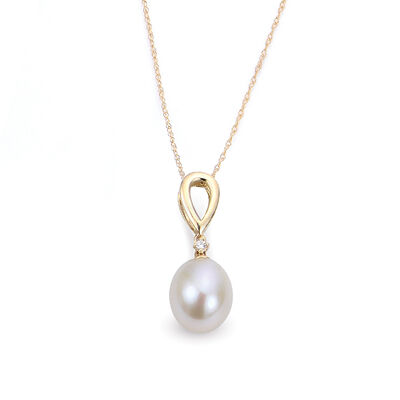 Imperial Pearl Classic Pearl & Diamond Pendant in 10k Yellow Gold