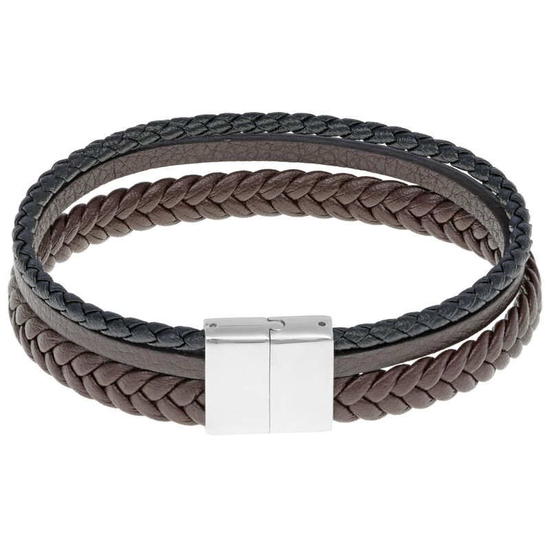 Men's Braided Multi-Color Leather & Stainless Steel Bracelet image number null