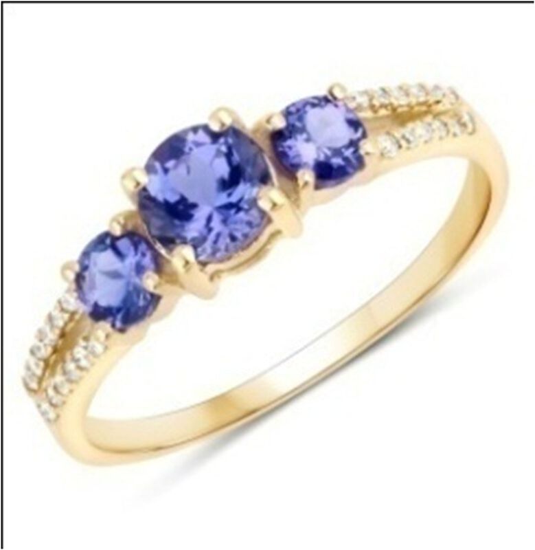 Brilliant-Cut Tanzanite & Diamond 3-Stone Ring in 14k Yellow Gold image number null