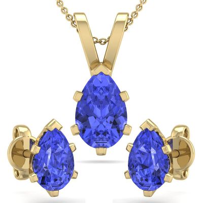 Pear Tanzanite Necklace & Earring Jewelry Set in 14k Yellow Gold Plated Sterling Silver