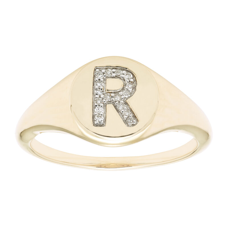 Diamond Initial R Signet Ring in 14k Yellow Gold image number null