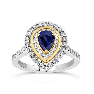 Pear-Shaped Sapphire & Diamond Halo Ring in 10k White & Yellow Gold
