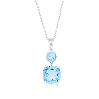 Blue Topaz Cushion and Round Drop Necklace in Sterling Silver