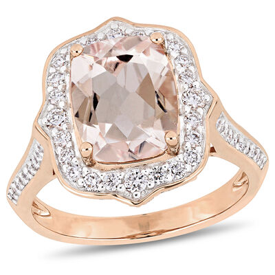 Morganite & Diamond Halo Vintage-Inspired Engagement Ring in 14k Rose Gold