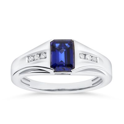 Men's Emerald-Cut Created Sapphire & Diamond Ring in 10k White Gold