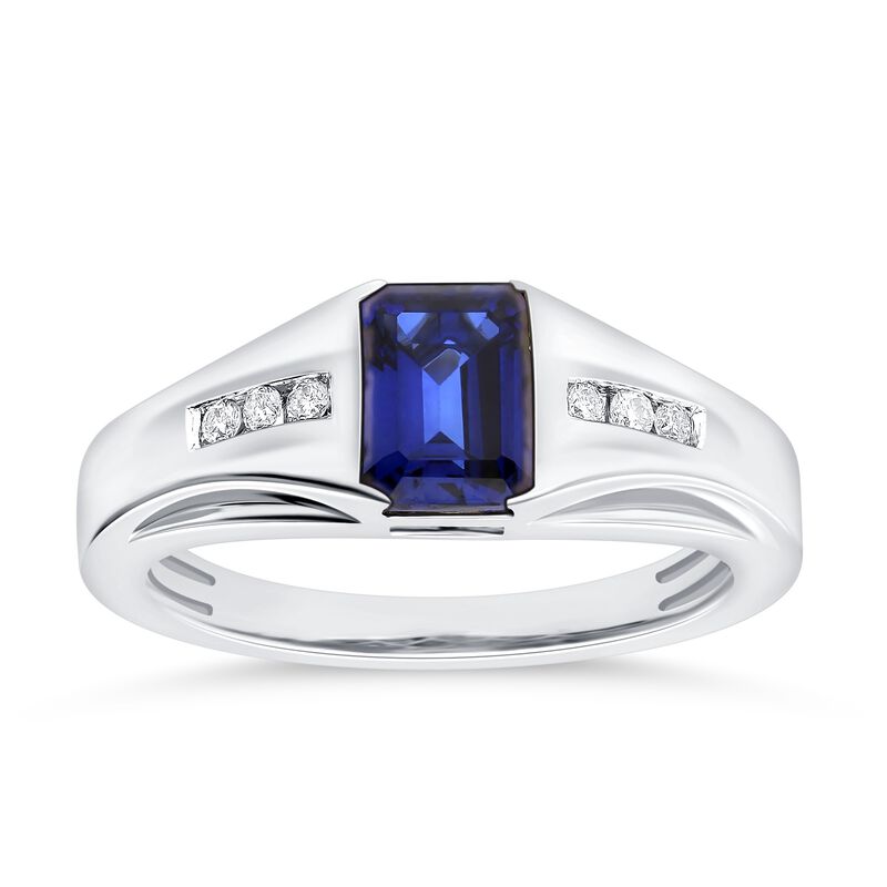 Men's Emerald-Cut Created Sapphire & Diamond Ring in 10k White Gold image number null