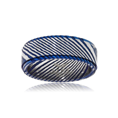 Men's 8mm Damascus Ring in Stainless Steel with Blue IP