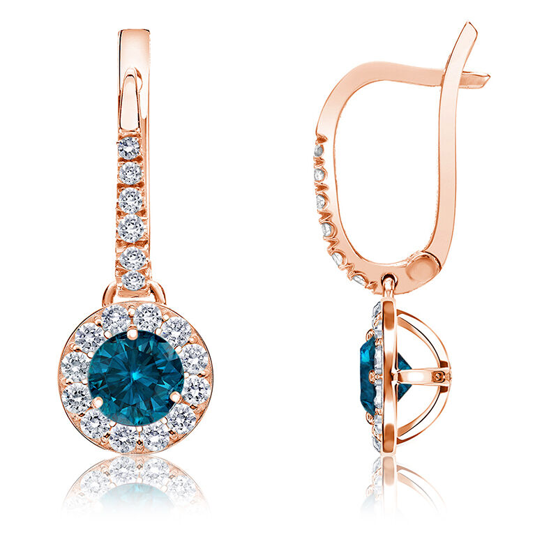 Drop ¾ct. Blue Diamond Halo Earrings in 14k Rose Gold image number null