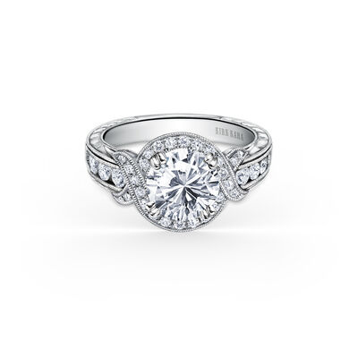 Diamond Halo Swirl Hand Engraved Engagement Semi-Mount in 18k White Gold K250R8R