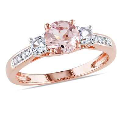 Three-Stone Morganite, White Sapphire & Diamond Engagement Ring in 10k Rose Gold