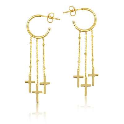 Semi Hoop with Dangle Cross Trio Earrings in 14k Yellow Gold