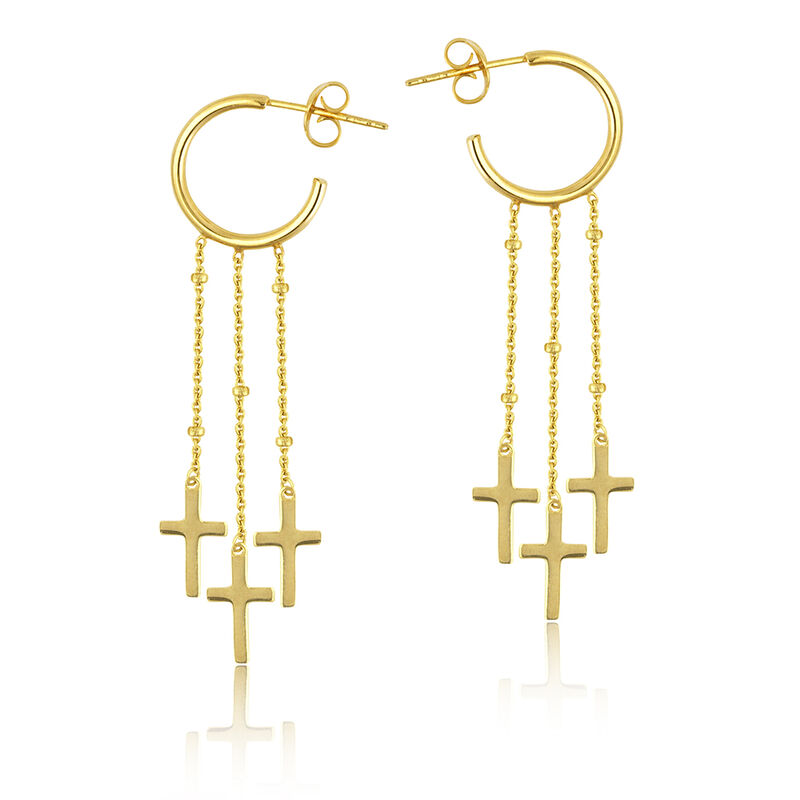 Semi Hoop with Dangle Cross Trio Earrings in 14k Yellow Gold image number null