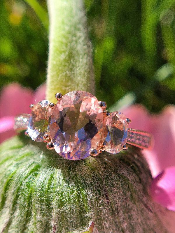 JK Crown: Three-Stone Morganite & Diamond Ring in 10k Rose Gold image number null